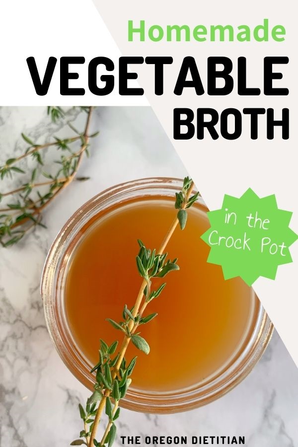 An easy slow cooker recipe for homemade vegetable broth. You can use your crockpot to make this vegetable broth from scraps. Great for soups!