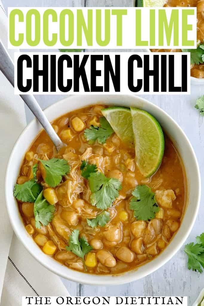 Coconut lime chicken chili recipe is a fun & tropical twist on an old classic. Make this healthy, dairy free chicken chili in a slow cooker or crock pot!
