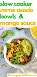 This slow cooker carne asada recipe is easy & delicious, and marinades as it cooks! The mango sauce is spicy & sweet, with a hint of coconut. This Crockpot carne asada recipe is perfect for tacos, burritos, and carne asada bowls!