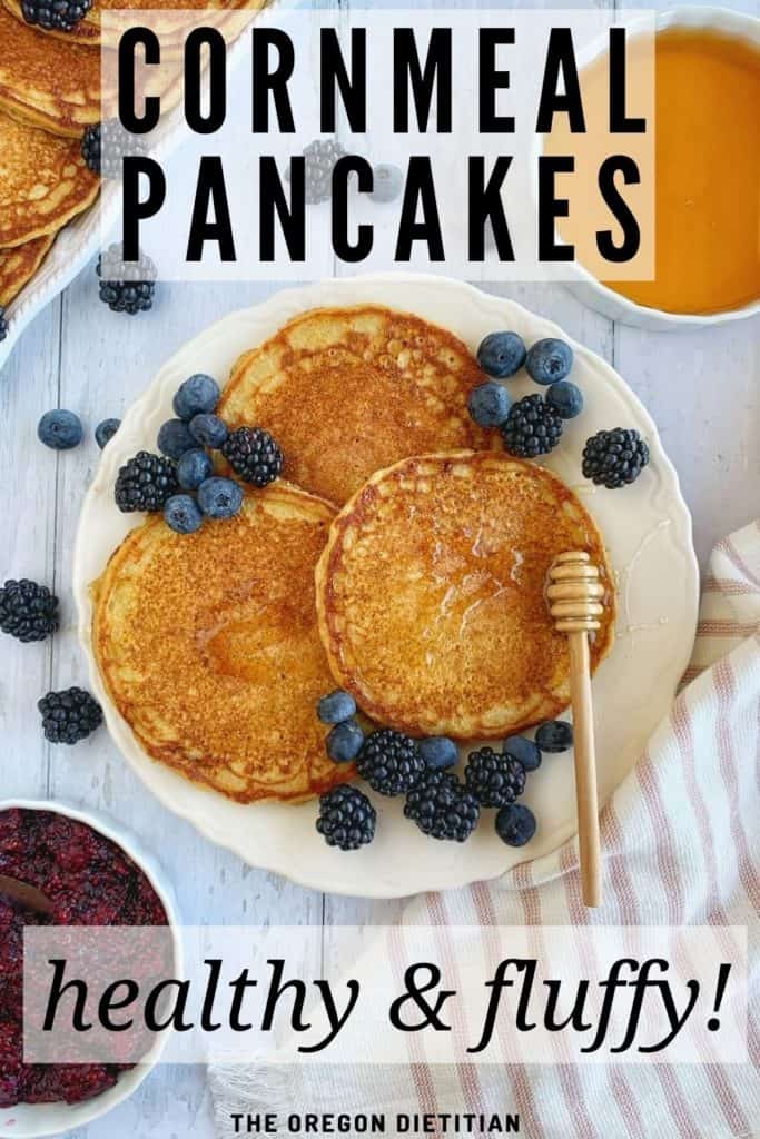 Whole grain cornmeal pancakes are fluffy, easy, & super healthy! No buttermilk or yeast needed, these simple pancakes can be made in minutes!