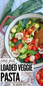 This one pot veggie pasta recipe is healthy, vegetarian, & full of vegetables. It's the perfect way to clear out the produce in your fridge!