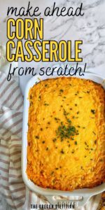 Healthy corn casserole from scratch is easy & the best Thanksgiving side! It's made without jiffy mix, & uses cornmeal & cream corn instead. 