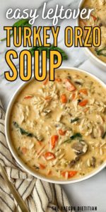 This amazing leftover turkey orzo soup is the perfect way to use up your shredded roast turkey! It's creamy & delicious with a healthy spinach and vegetable twist!