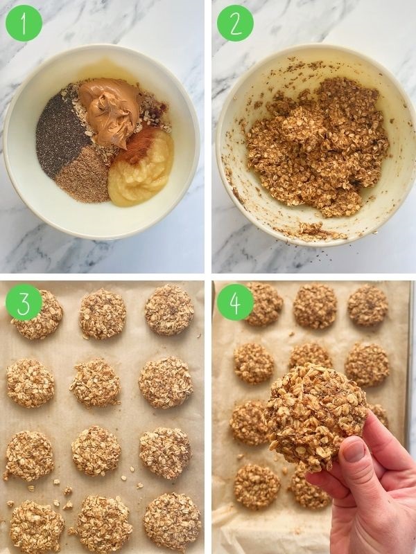 A step by step visual guide on how to make oatmeal protein cookies. 