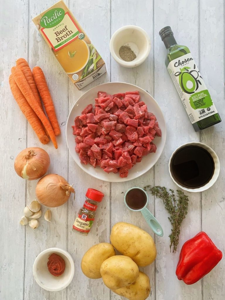 The ingredients needed to make dutch oven beef stew.