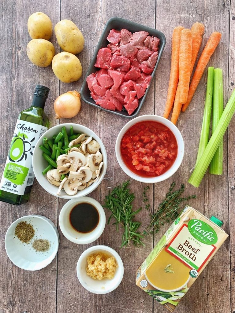 The ingredients needed to make Instant Pot beef vegetable soup.
