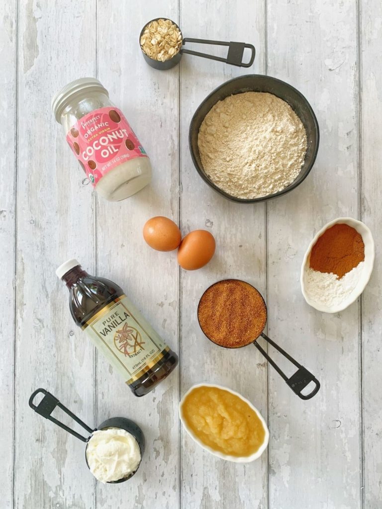 The ingredients needed to make healthy coffee cake with cinnamon oat streusel.