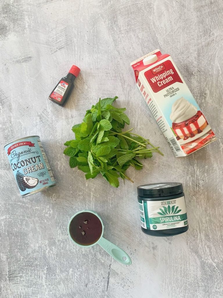 The ingredients needed to make fresh mint ice cream.