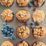 A muffin tin with bluberry banana oatmeal muffins.