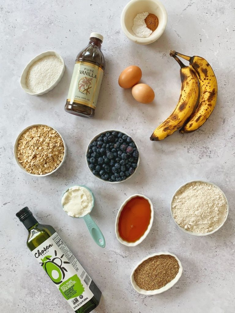 The ingredients needed to make blueberry banana muffins with oatmeal.