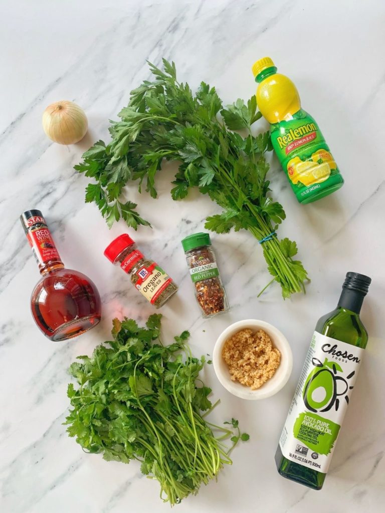 The ingredients needed to make easy green chimichurri sauce.