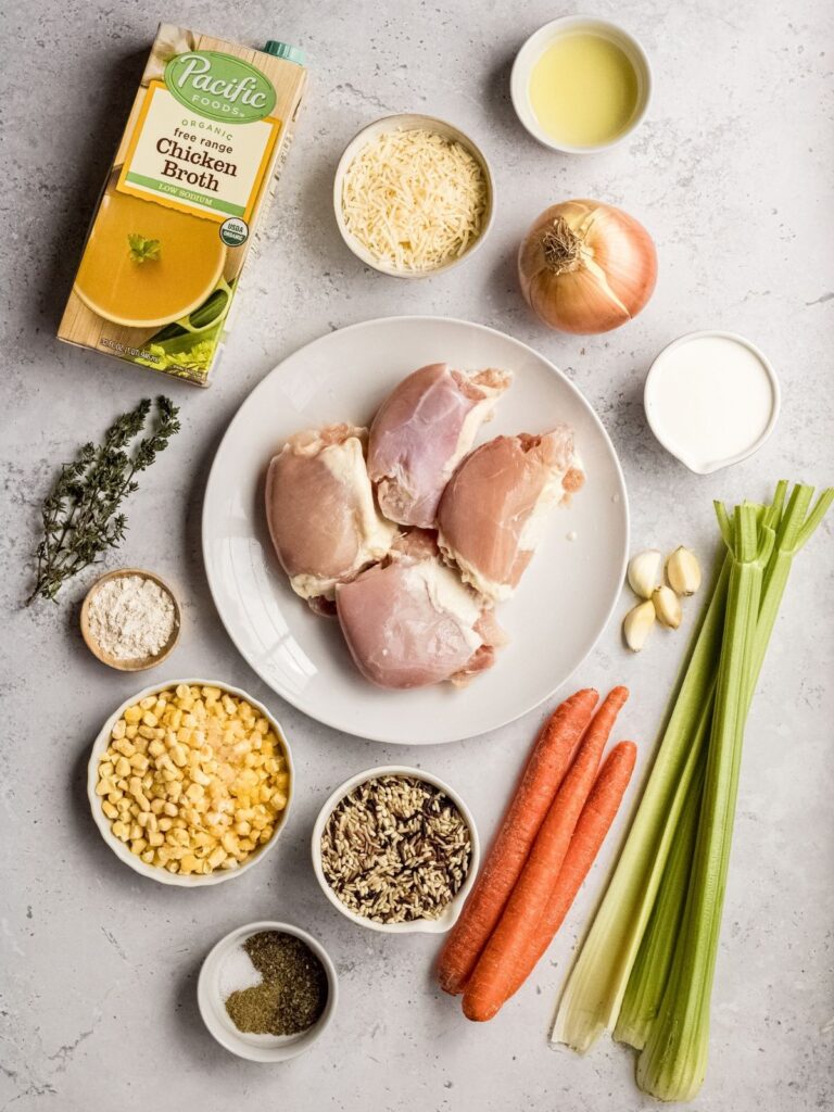 The ingredients needed to make Instant Pot chicken and rice soup.