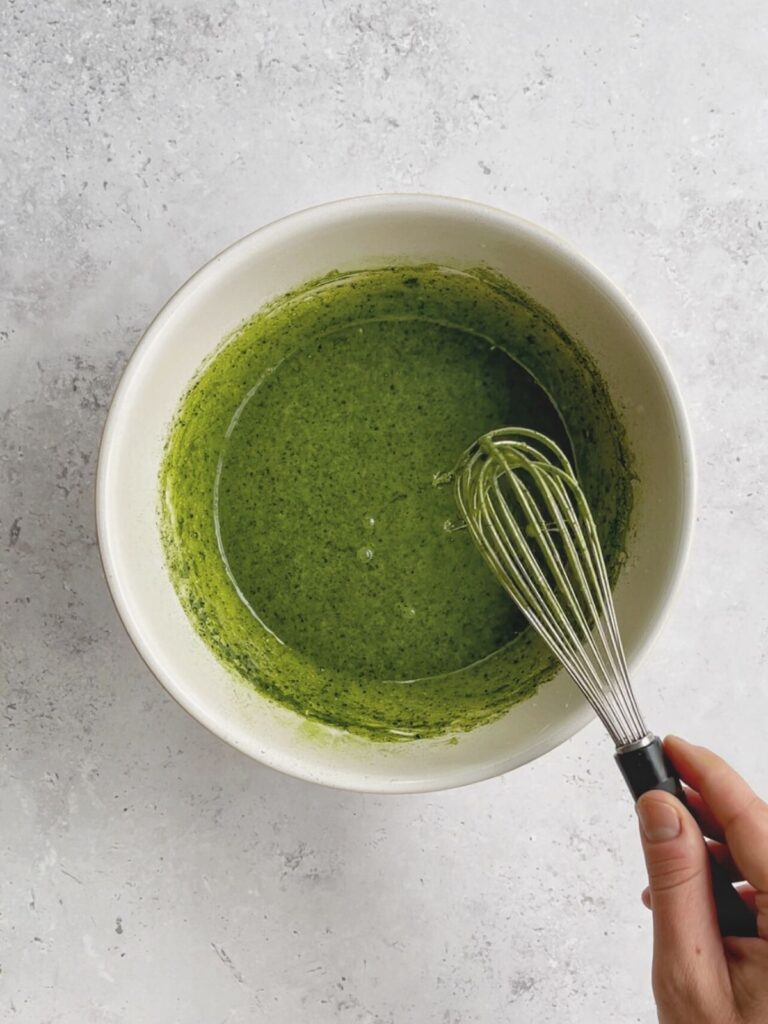 Matcha powder whisked into the batter.