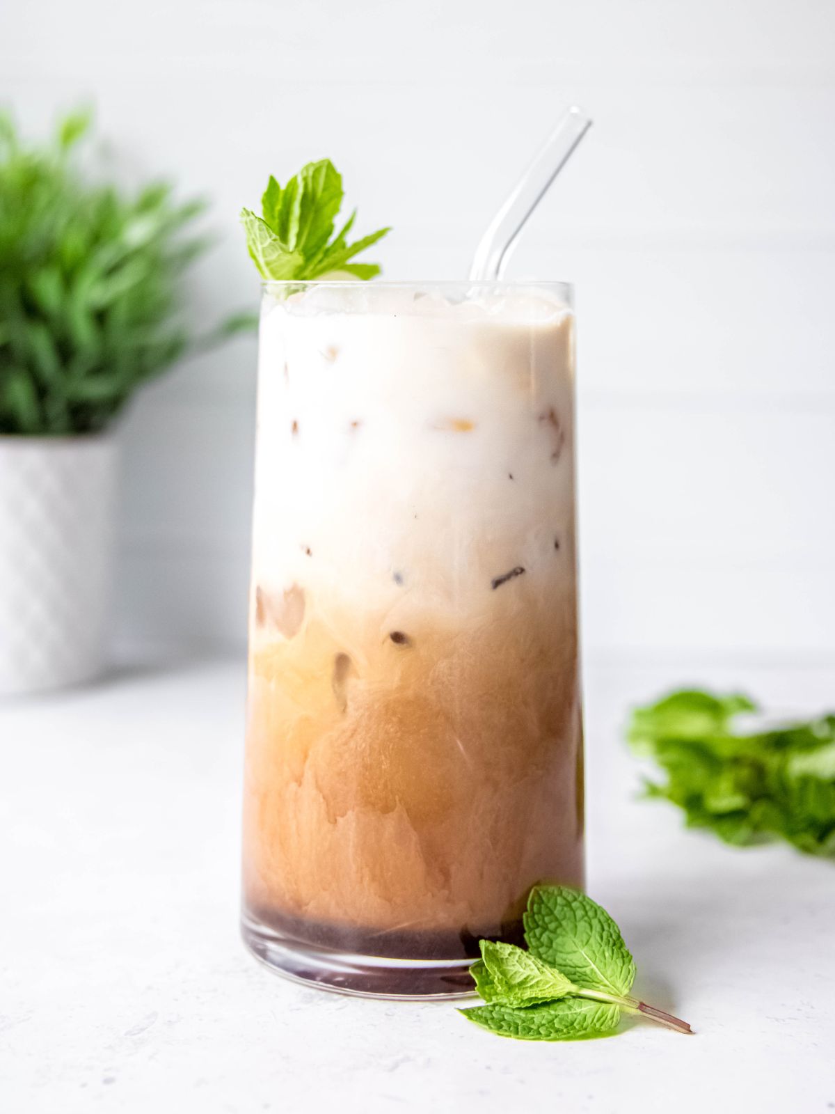 hero shot of a Philz copycat mint mojito iced coffee in a tall clear glass with a glass straw and a sprig of fresh mint.