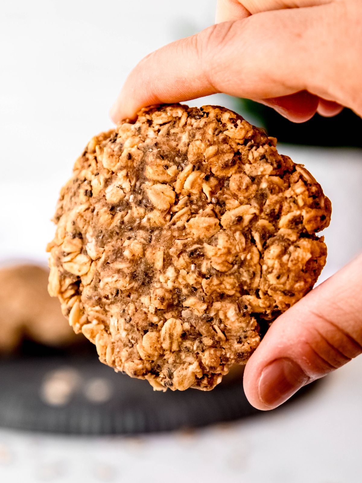 hand holding a peanut butter banana oatmeal protein cookie.