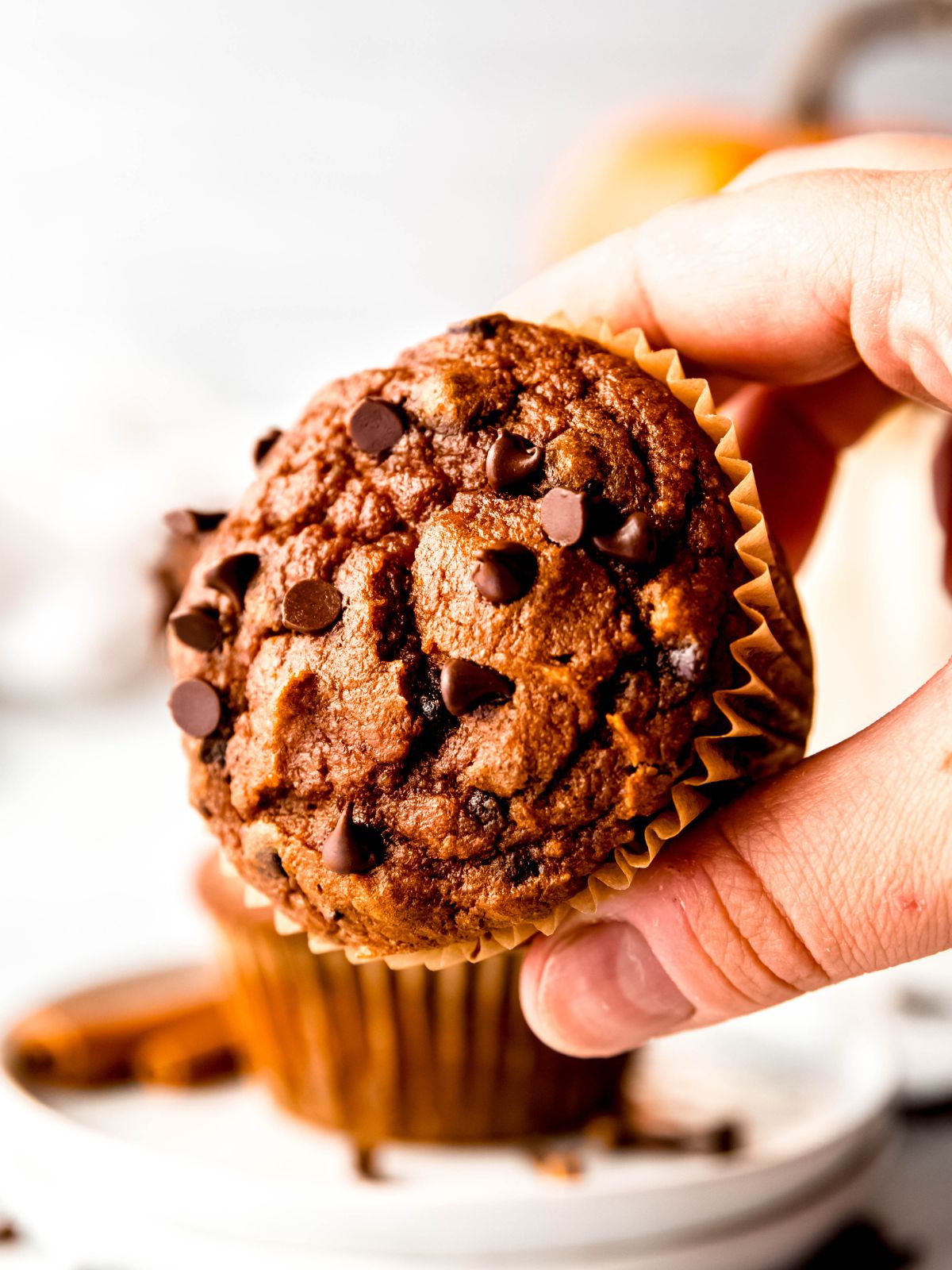 hand holding a pumpkin protein muffin in the wrapper, tilting the top of the muffin towards the light source to show off the mini chocolate chips.