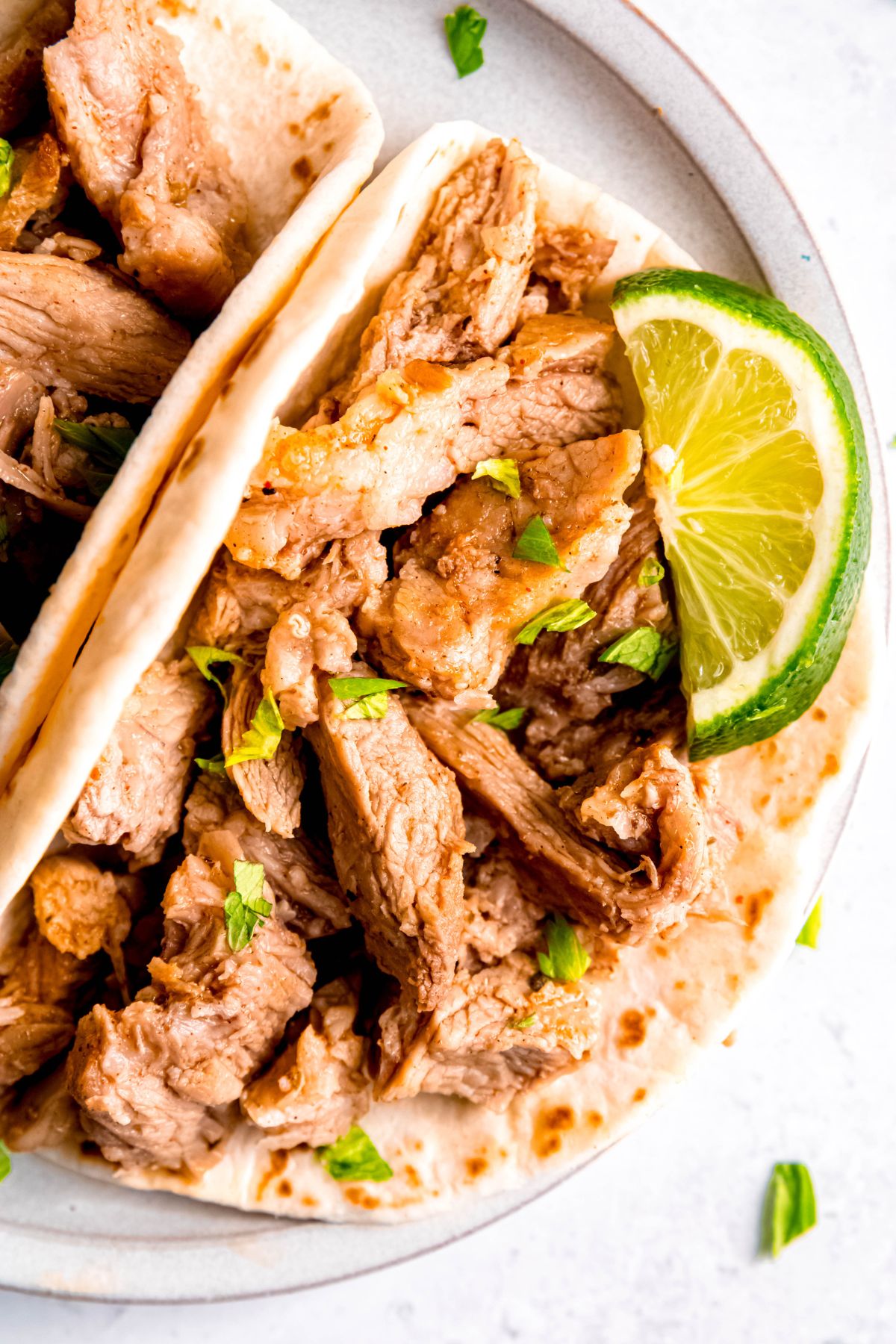flat lay shot of a Dutch oven carnitas taco on a white plate.