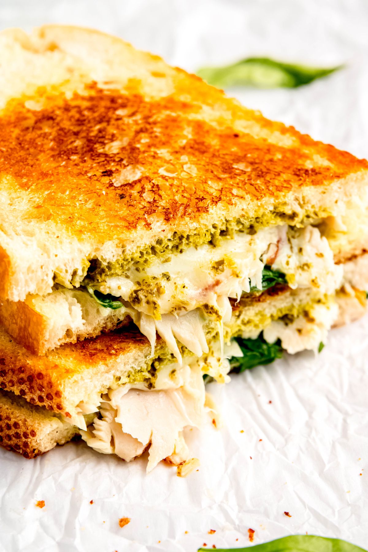 closeup shot showing the golden brown toasted sourdough and melted mozzarella on a turkey pesto sandwich.