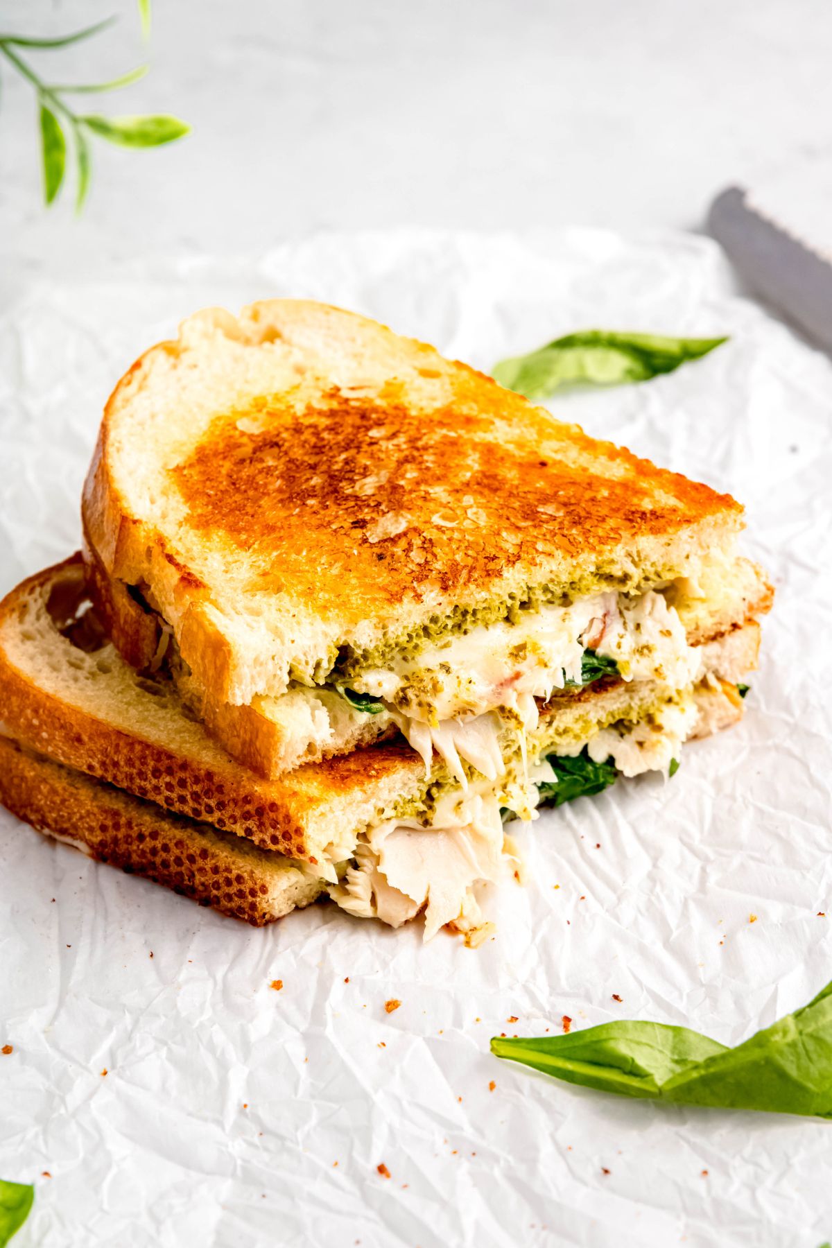 halved griddled turkey pesto sandwich in a stack on top of white parchment paper with basil leaves scattered about.