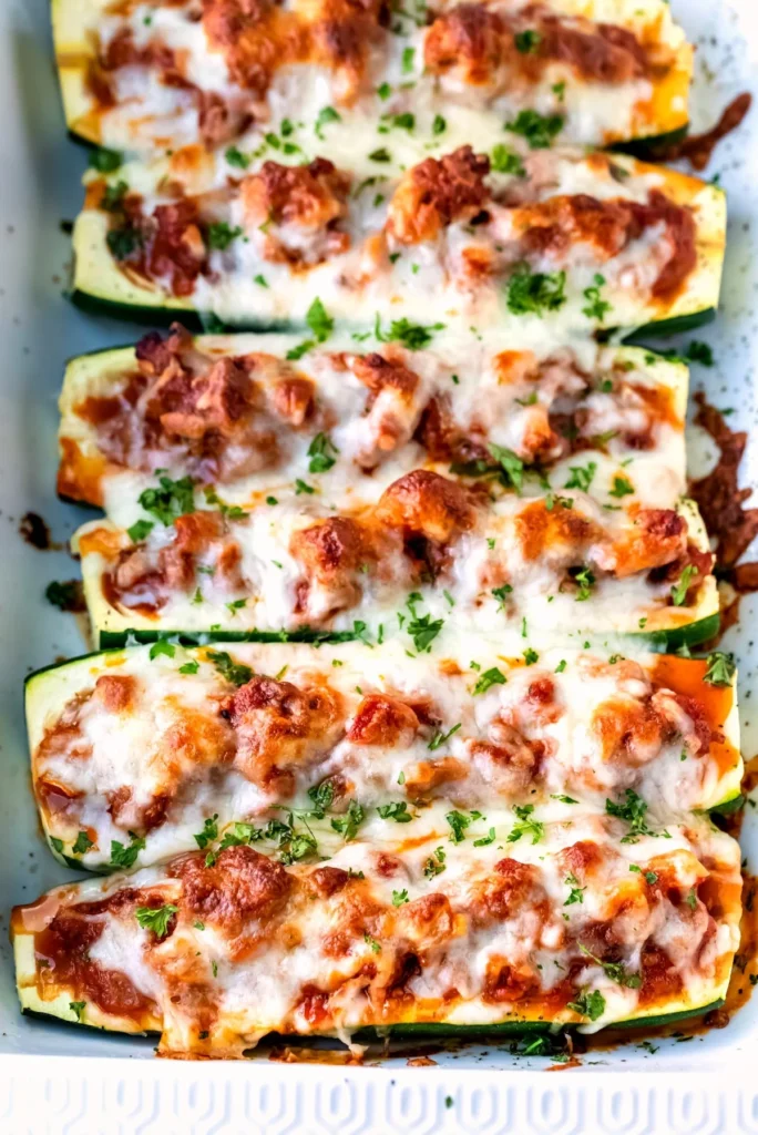 An angled shot of a white pan of Italian sausage zucchini boats.