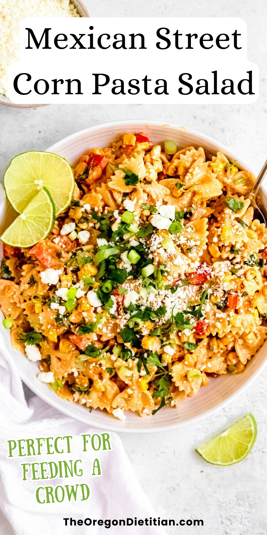 Looking for an easy and tasty side dish for your next gathering? Try this amazing Mexican Street Corn Pasta Salad. Featuring golden roasted corn kernels, bowtie noodles, sweet bell peppers, herby cilantro, and salty cotija cheese all tossed in a zippy lime crema dressing. Ideal for potlucks, picnics, and family gatherings, this salad is easy to prepare and packed with nutrients. Bring a taste of summer to your table with this delicious and vibrant pasta salad. #pastasalad #sidedishes