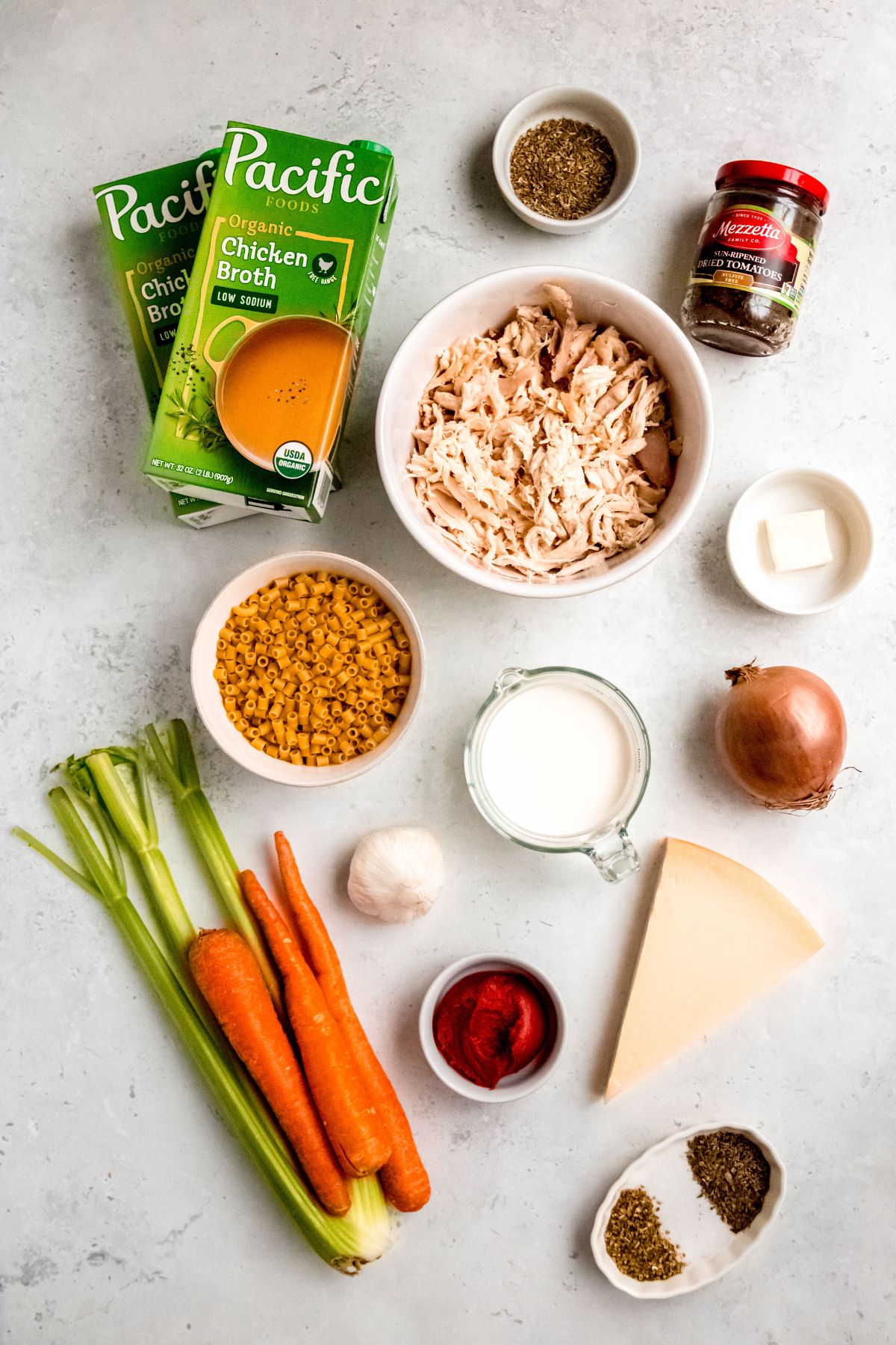 All of the ingredients to make marry me chicken soup.