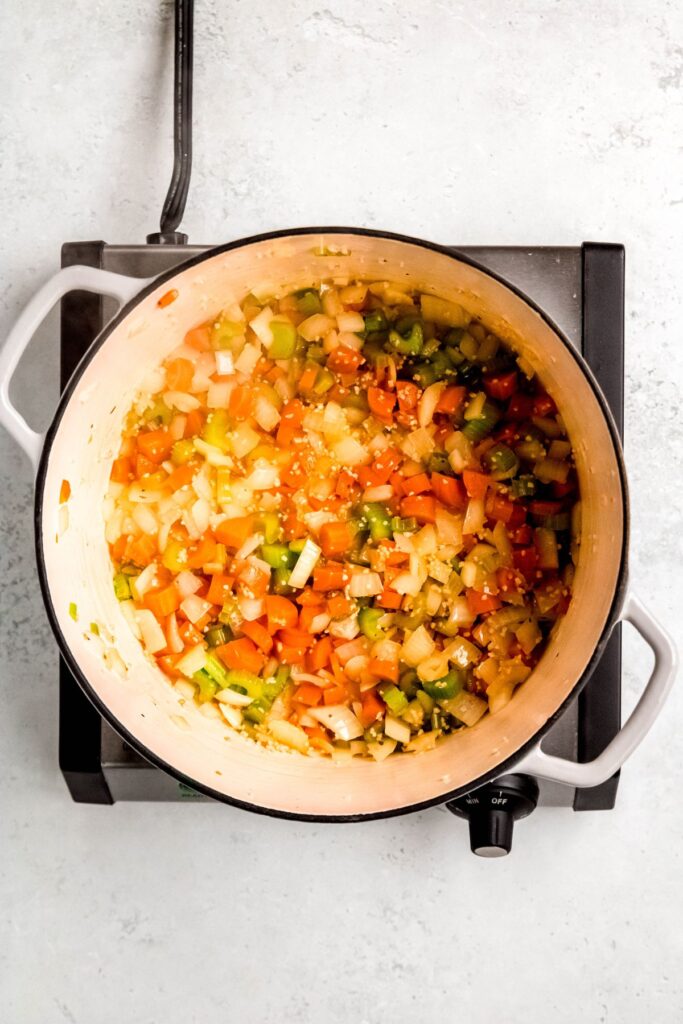 Cooked mirapoix in a pot.