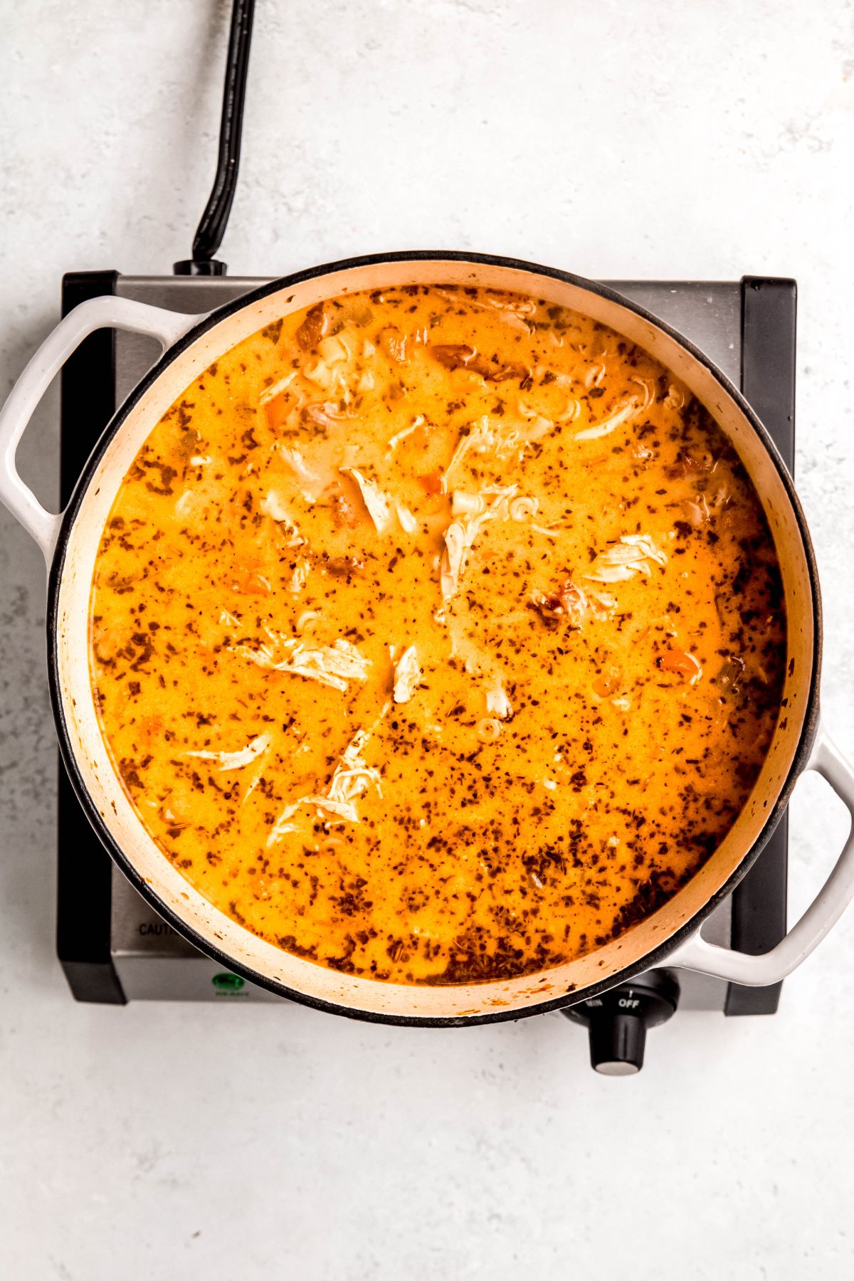 An overhead shot of pot of the soup before serving.