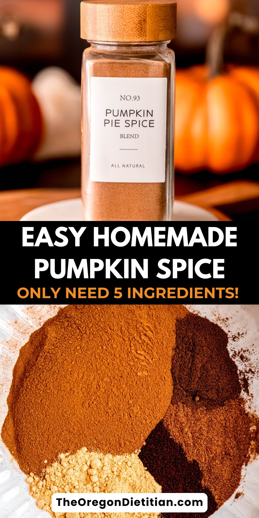 Create your own homemade pumpkin pie spice mix from scratch in just minutes! Using simple pantry spices like cinnamon, ginger, and nutmeg to create a warm, fragrant blend that’s perfect for adding that warm, cozy flavor to all your fall baking, lattes, and desserts. Skip the store-bought blends and create a fresh, aromatic spice mix using just a few simple ingredients. Save this pin to have your own homemade pumpkin pie spice on hand all season long! #PumpkinPieSpiceMix #FallRecipes