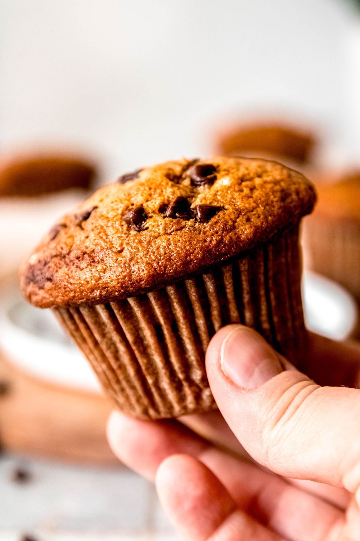 hand holding a whole banana protein muffin with chocolate chips with the table and remaining muffins blurred out in the background.