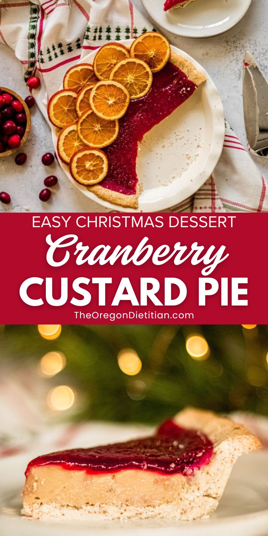 Indulge in the perfect holiday treat with this Festive Cranberry Custard Pie! A luscious custard filling is complemented by a tangy cranberry topping, all encased in a gluten-free crust made from almond and coconut flours. This delightful dessert combines fresh cranberries and a hint of orange, making it an ideal choice for your Christmas dessert table. Impress your guests with this flavorful and festive pie. Save this recipe for later! #ChristmasDessert #GlutenFreeDessert