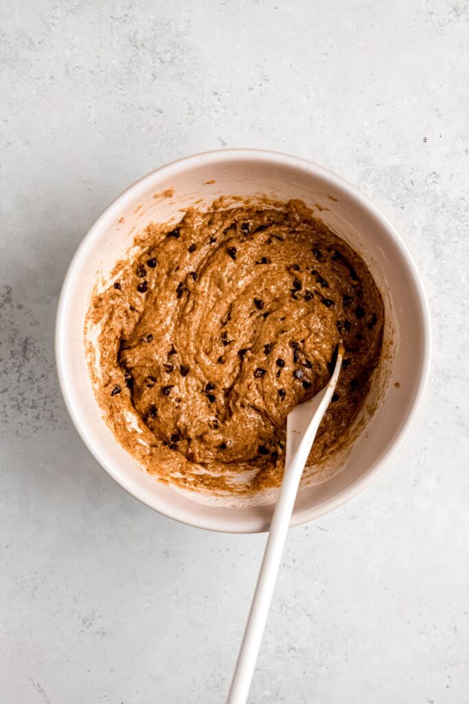 protein muffin batter after folding in the chocolate chips.