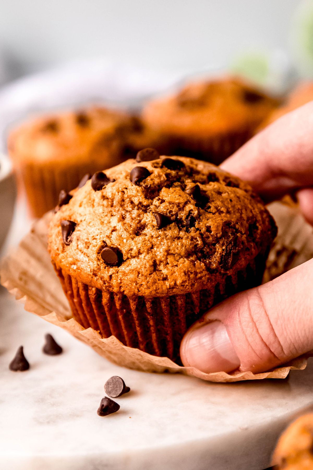 closeup shot of a forefinger and thumb grabbing an unwrapped chocolate chip protein powder muffin from it's loosened wrapper.
