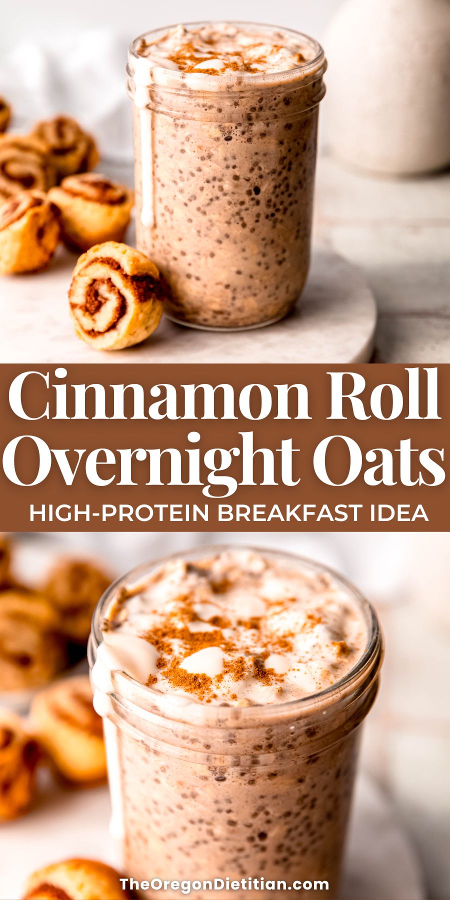 High-protein cinnamon roll overnight oats.