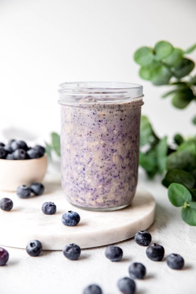 The mixed blueberry overnight oats on the counter.