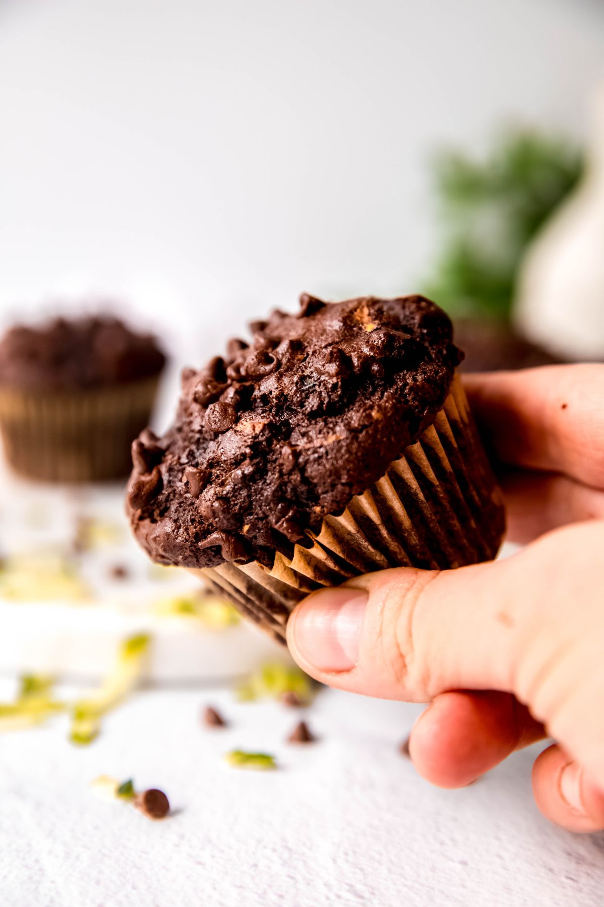 hand grabbing a double chocolate chip zucchini muffin, tilting it to show the chocolate chip topping.