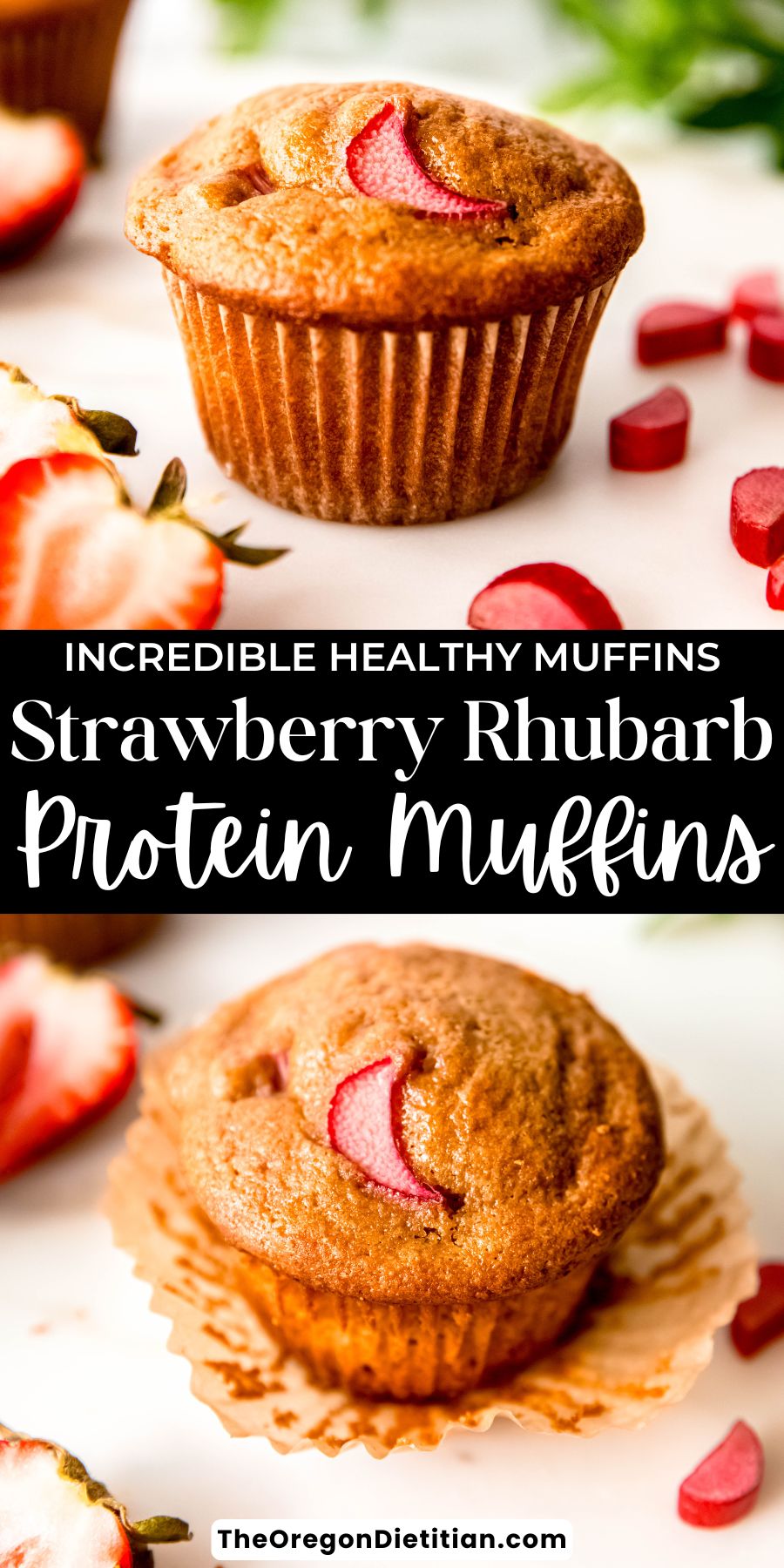 Strawberry rhubarb protein muffins.