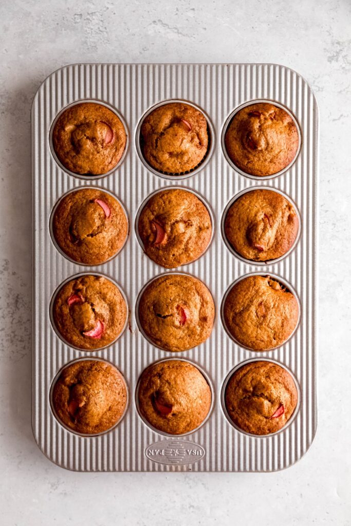 A pan of high-protein strawberry rhubarb muffins.