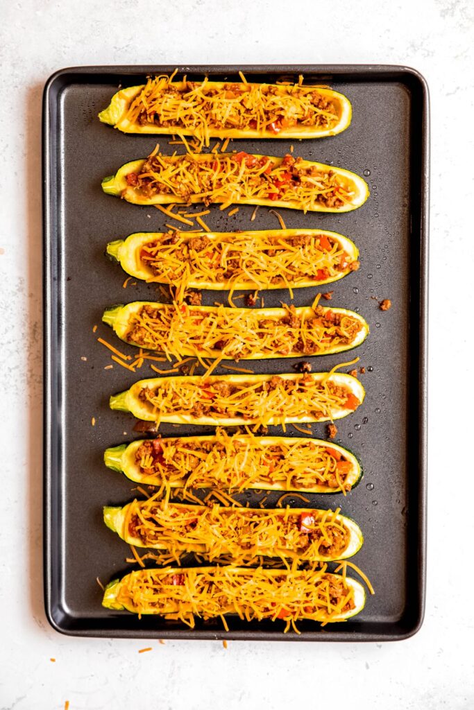 The taco zucchini boats before roasting.