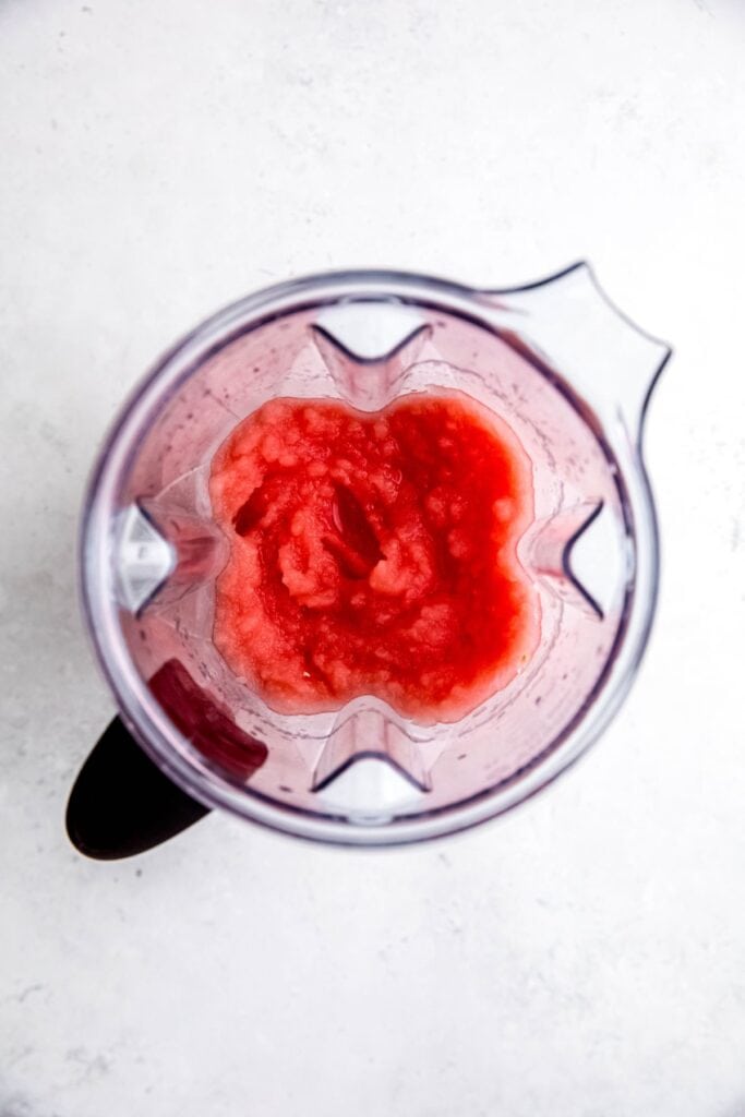 blended watermelon sorbet in the base of the blender pitcher before transferring to a freezer-safe container.