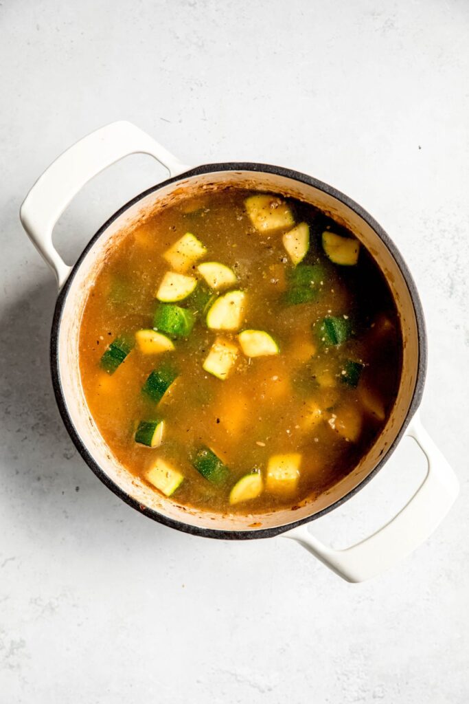 zucchini and potato soup simmering.