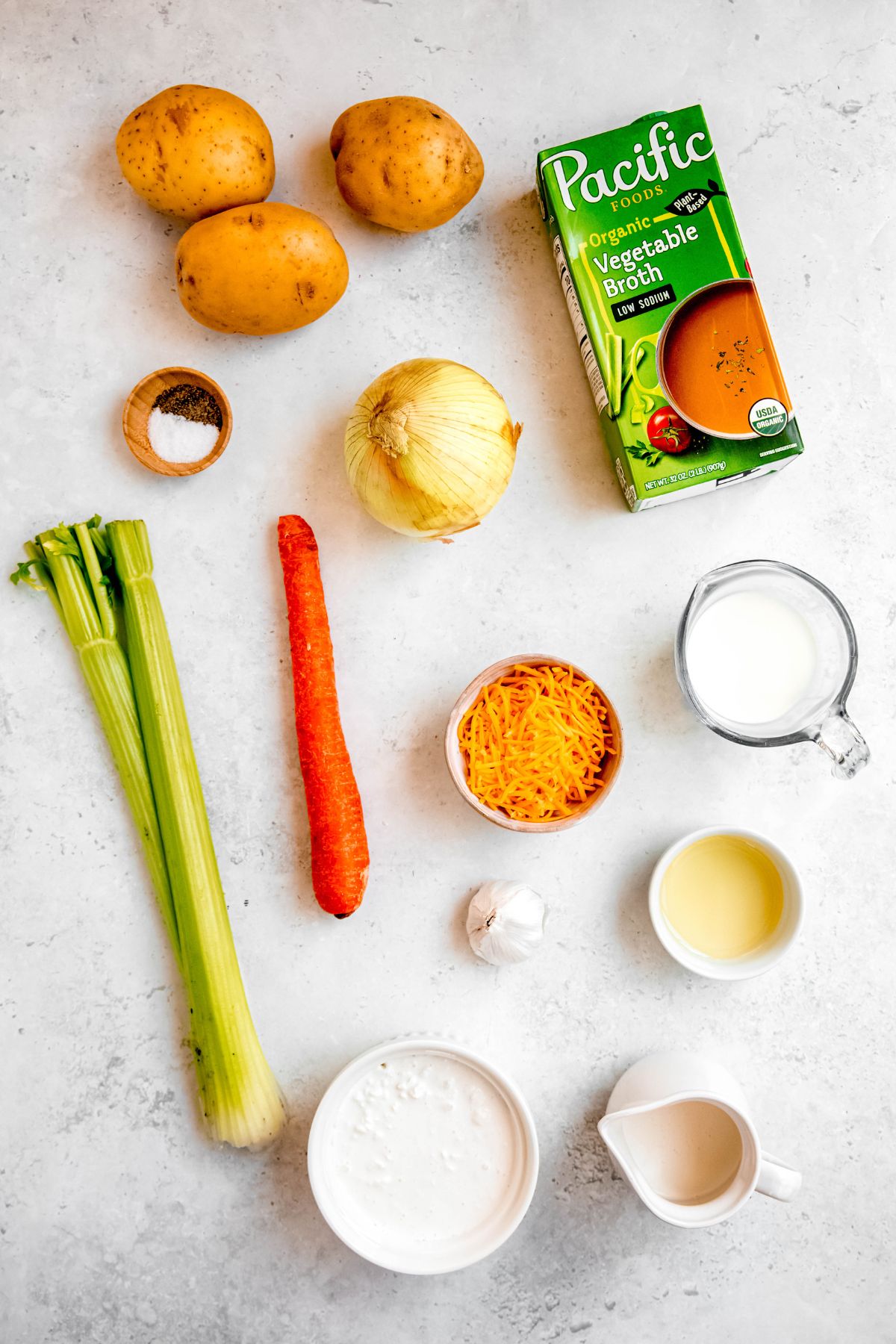 An overhead shot of all the ingredients needed to make the high protein cream of potato soup.