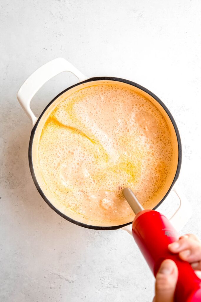 Blending the high protein creamy potato soup.