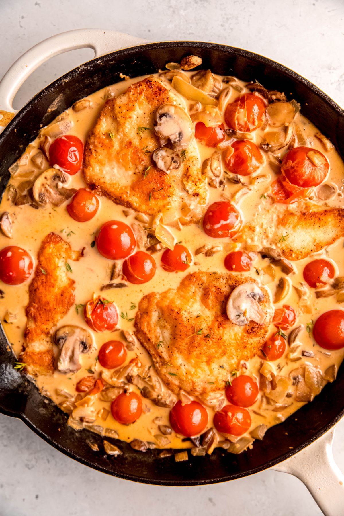 An overhead shot of a white pan of creamy mushroom chicken with tomatoes.