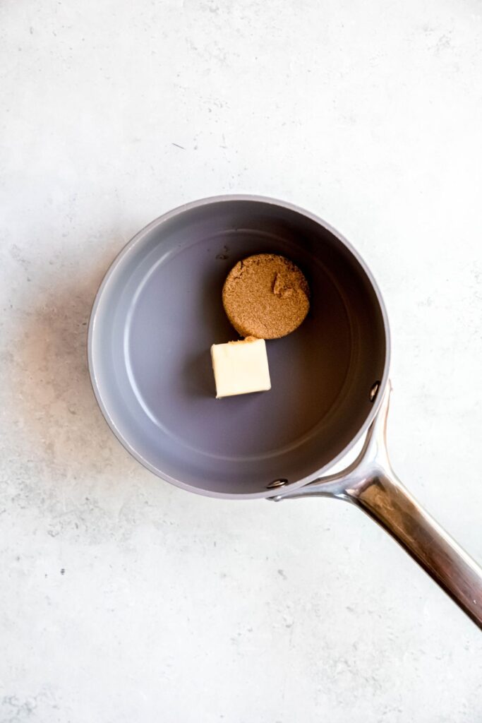 brown sugar and butter added to a saucepan.
