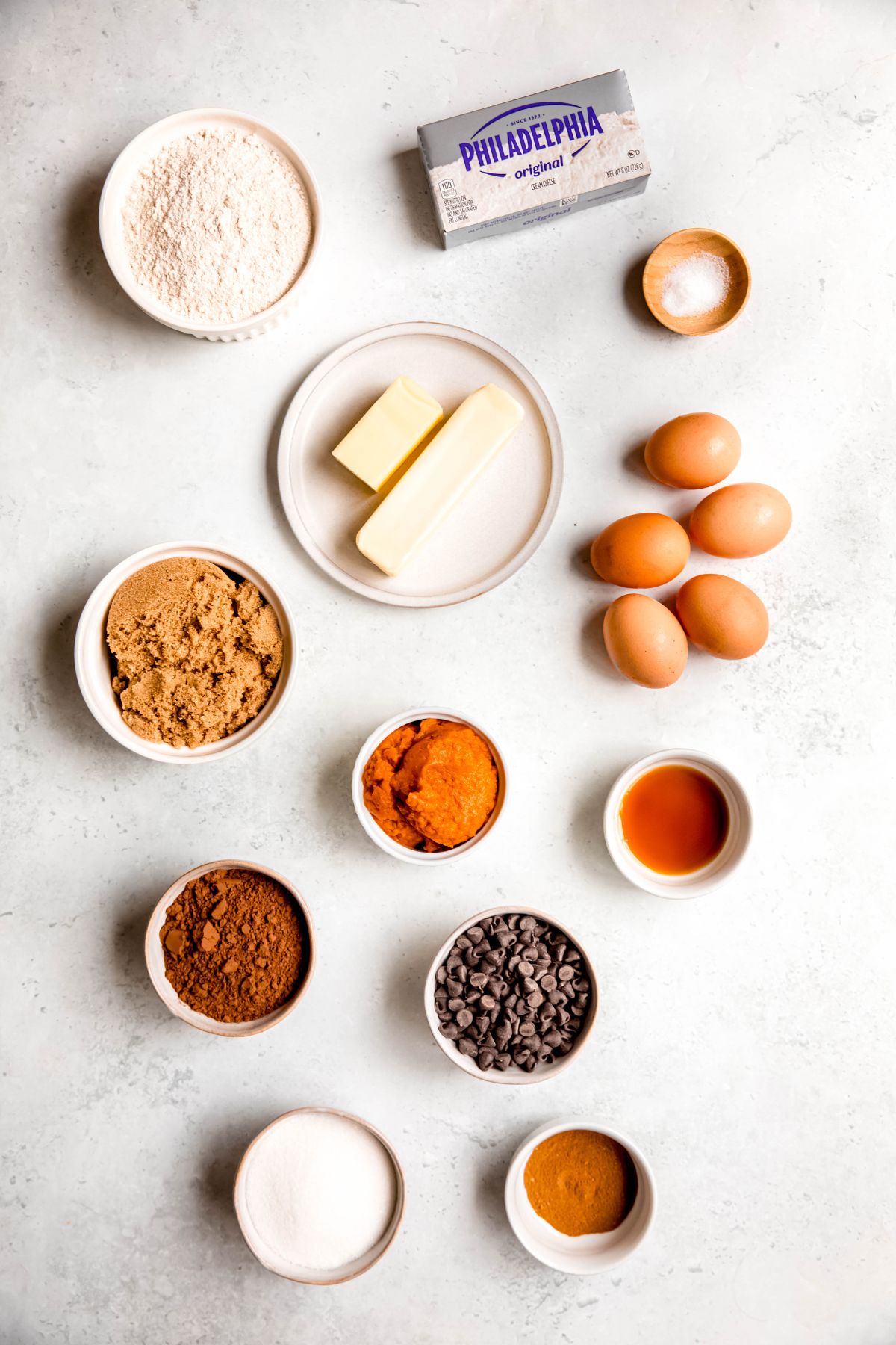 All the ingredients to make pumpkin brownies on the counter.
