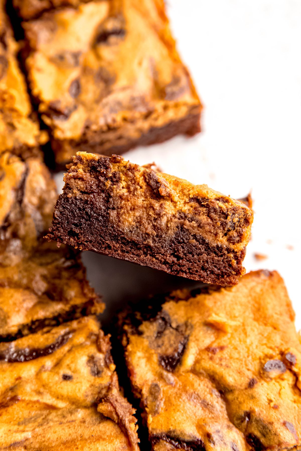 A close-up shot of a pumpkin brownie on its side.