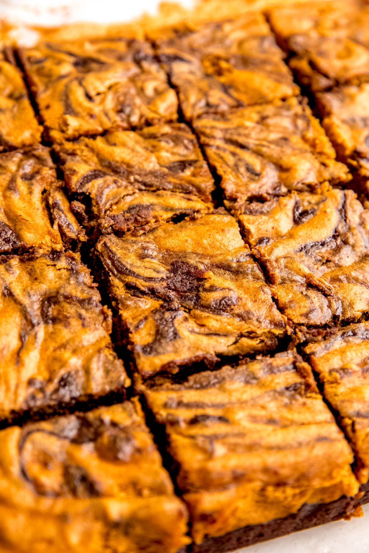 A close-up shot of a full pan of sliced brownies.