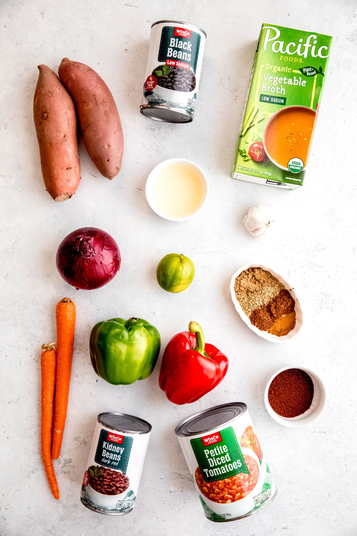 All the ingredients needed to make sweet potato black bean chili.