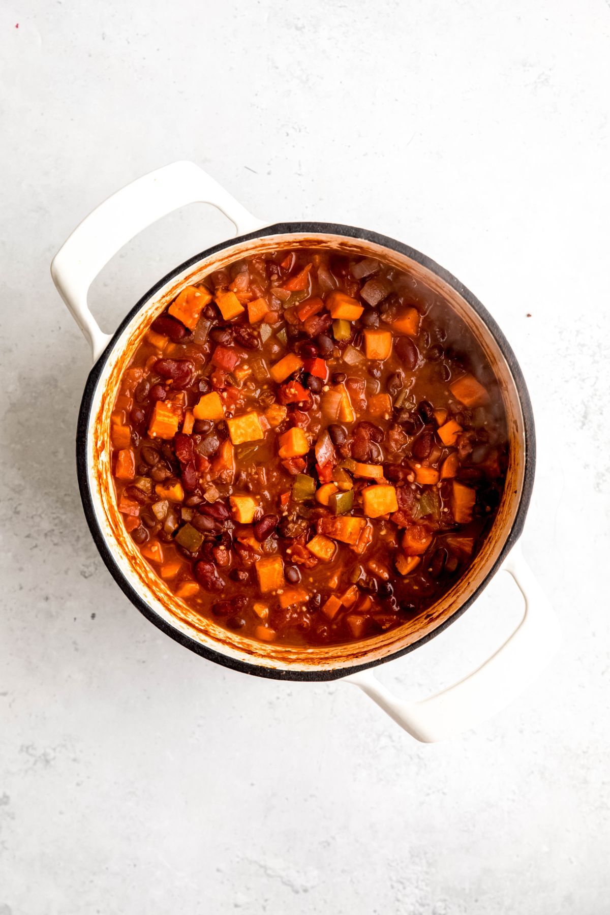 An overhead shot of the simmered black bean sweet potato chili.